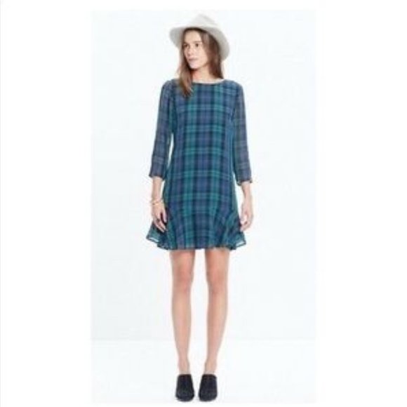 Madewell Dresses & Skirts - Madewell SILK Plaid Drop Waist Ruffle Shift Dress